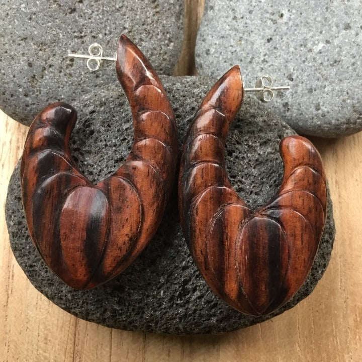 wood and silver hoop earrings