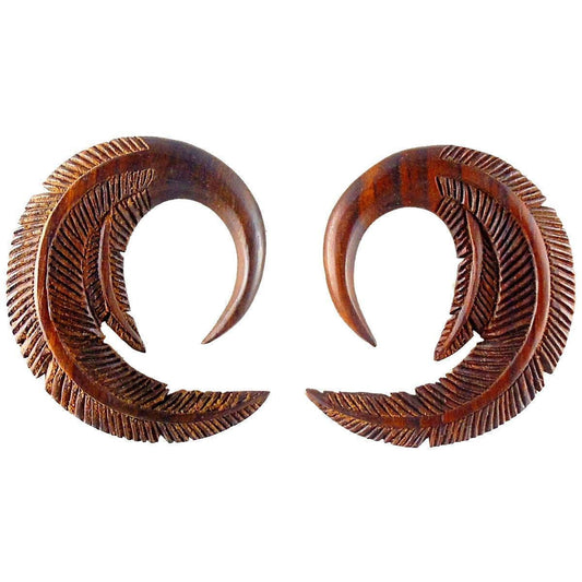 Dangle Wooden Jewelry | Gauge Earrings :|: Feather. Tropical Wood 0 gauge earrings.