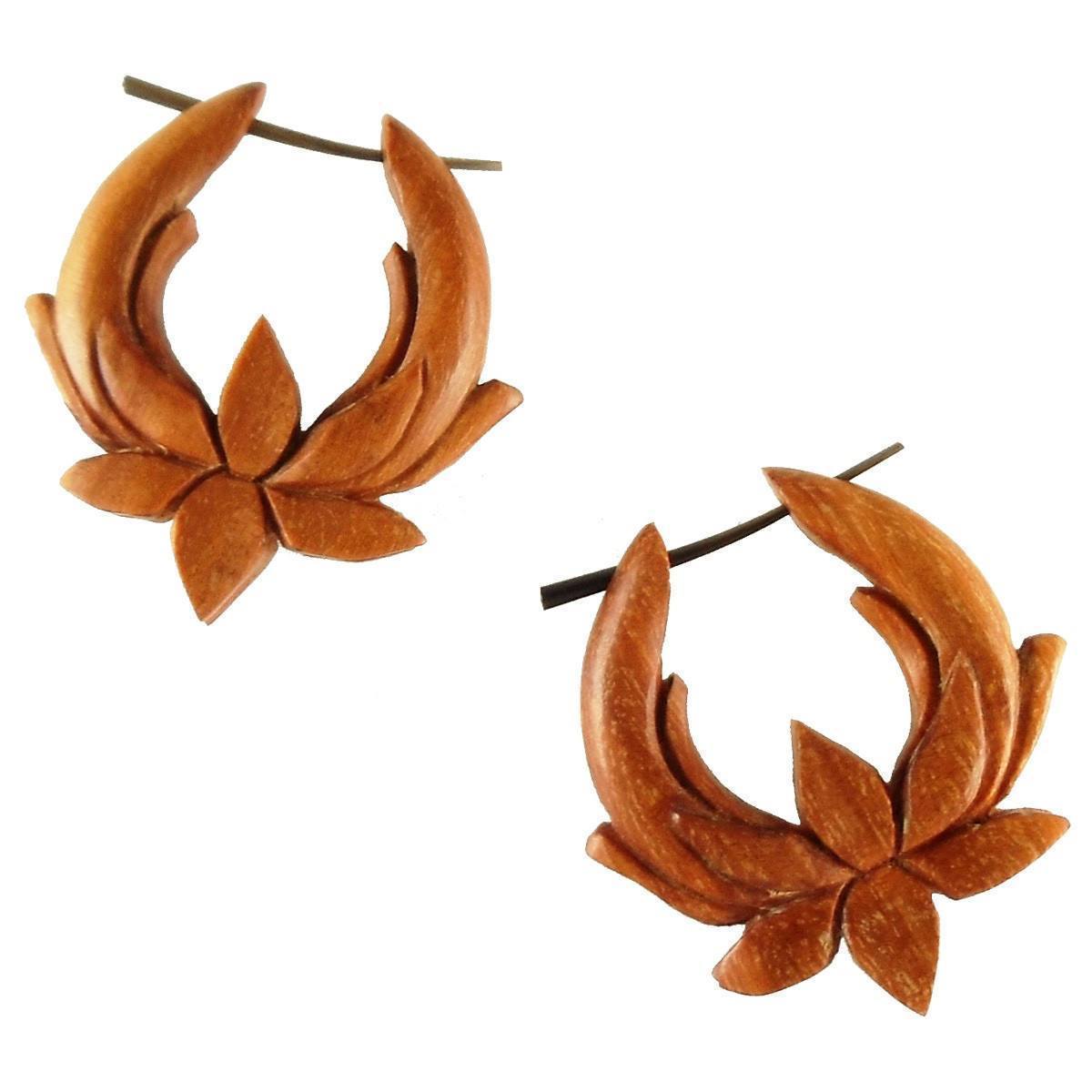 wood earrings, tribal lotus.