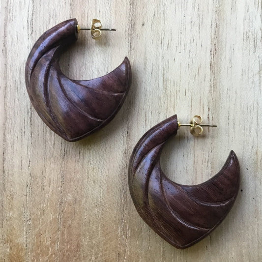 Sculpted Wooden Earrings | wood and 22k gold stainless stud hoop earrings.