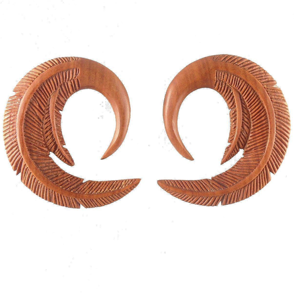 Gauge Earrings :|: Feather, Fruit Wood. 0 gauge earrings.