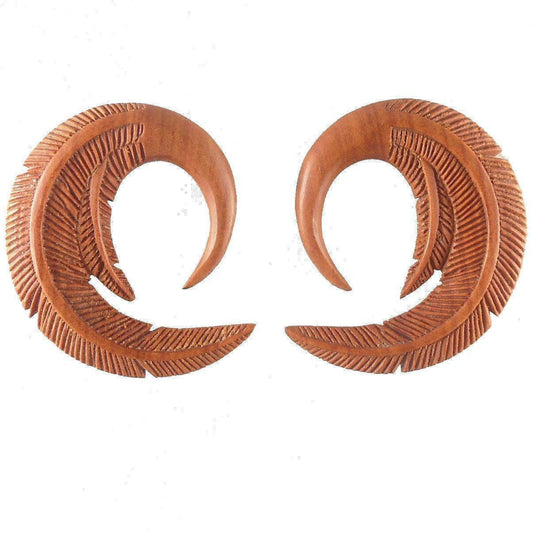 Wood Body Jewelry | Gauge Earrings :|: Feather, Fruit Wood. 0 gauge earrings.