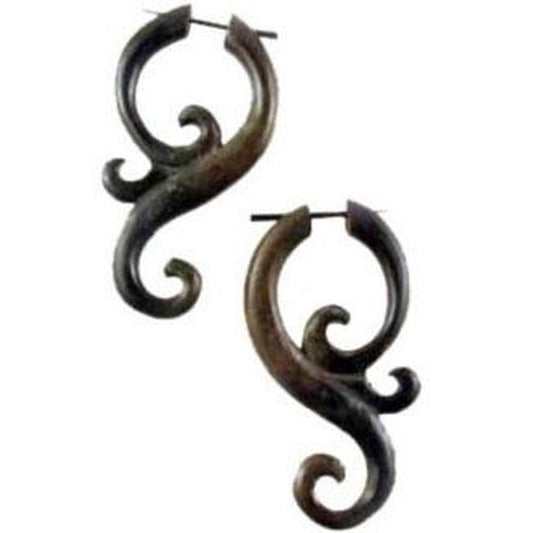 Large Black Wood Earrings | Natural Jewelry :|: Hippie variegated Ebony Wood. Wooden Earrings. 
