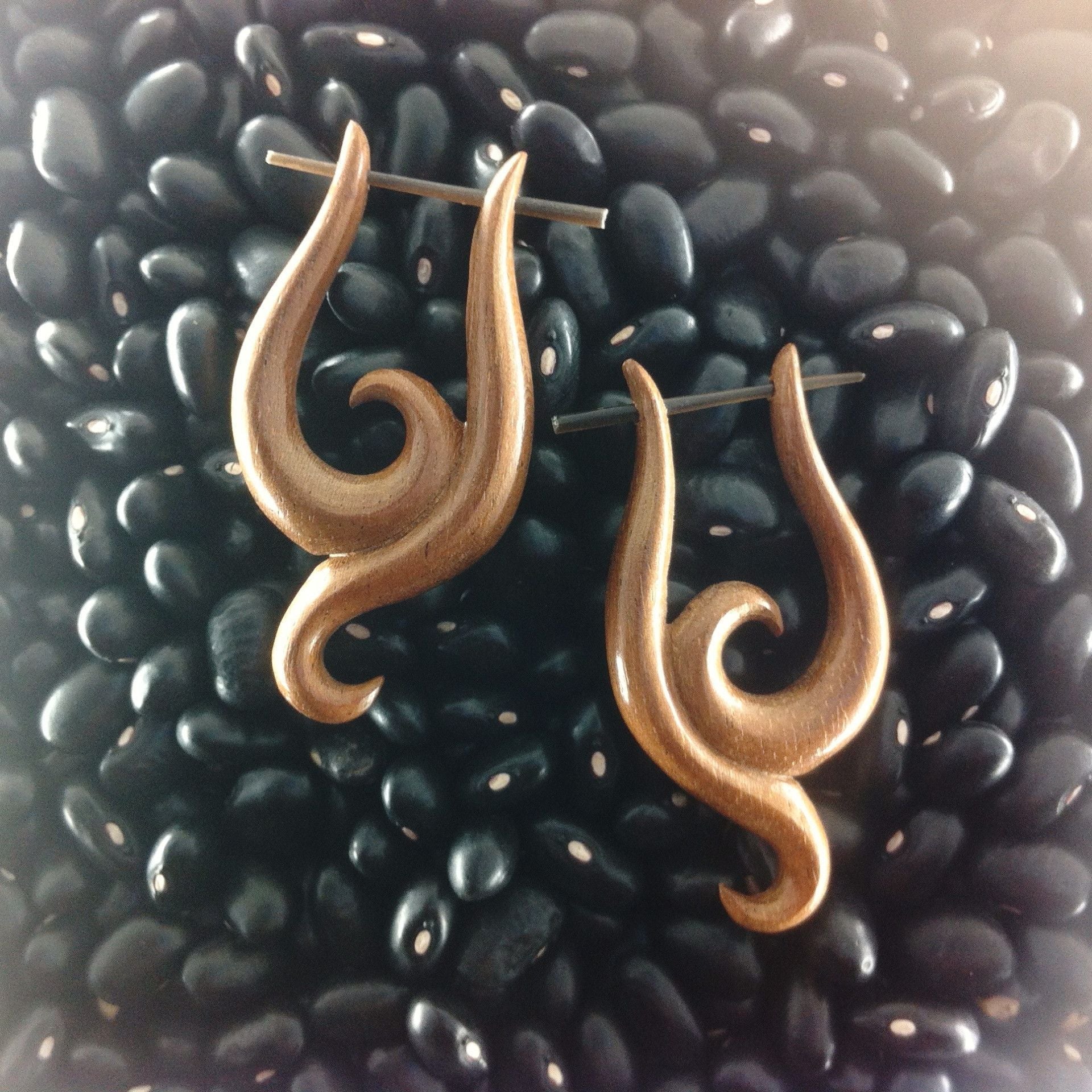 Wood Earrings :|: Dawn. Hibiscus Wood Earrings, 5/8 inch W x 1 1/2 inch L. | Wood Earrings