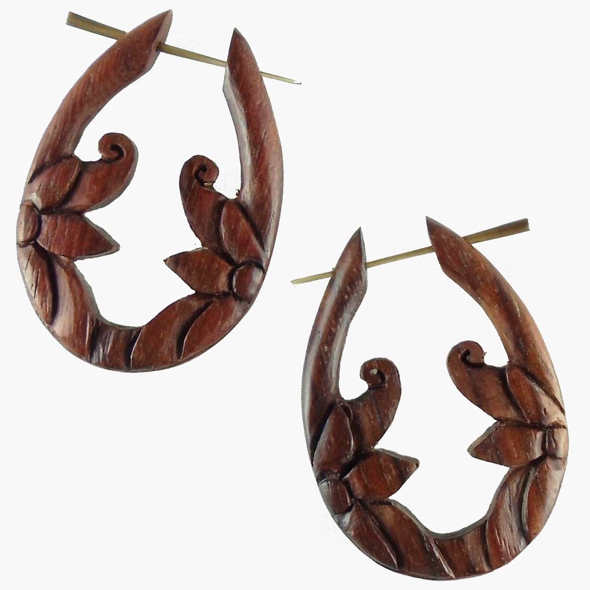 Natural Jewelry :|: Moon Flower. Wooden Hoop Earrings, Rosewood. 1 1/4 inch W x 1 3/4 inch L. | Wooden Hoop Earrings