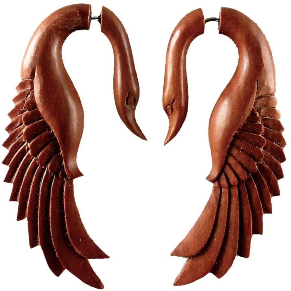Fake Gauges :|: Swan. Fake Gauge Earrings, Natural Sapote. Wooden Jewelry. | Tribal Earrings