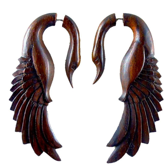 For normal pierced ears Wooden Jewelry | Tribal Earrings :|: Swan. Brown Wood Earrings. Fake Gauges