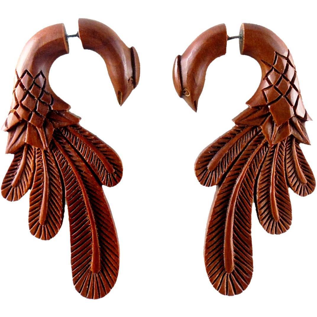Fake Gauges :|: Peacock Pheasant. Fake Gauge Earrings, Natural Sapote. Wooden Jewelry. | Tribal Earrings