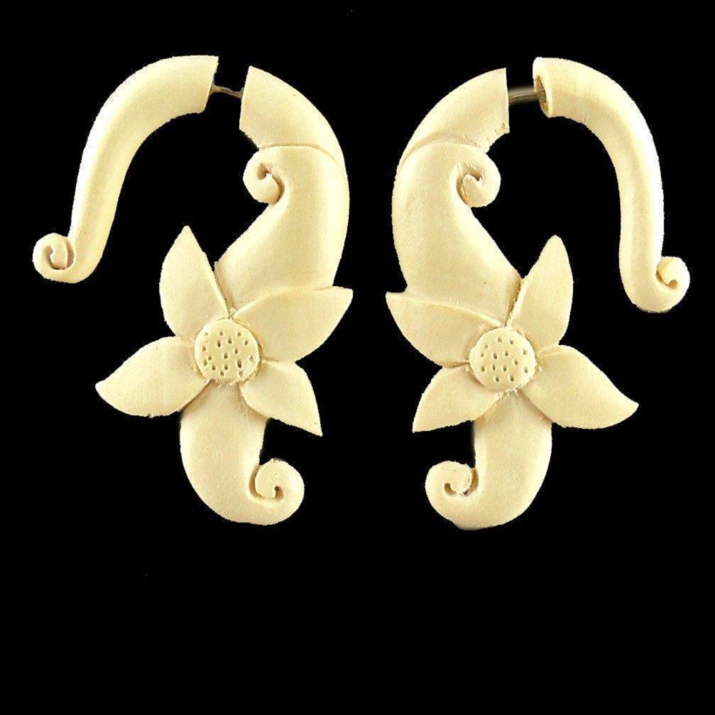 Tribal Earrings :|: Moon Flower. Cream Ivory Wood Fake Gauges 