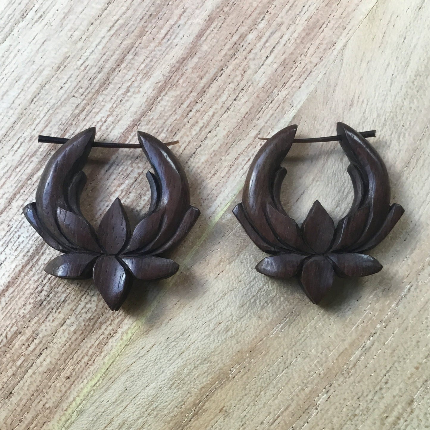 Summer Lotus. Medium Hoop. Wood Earrings. Natural Rosewood, Handmade Wooden Jewelry.